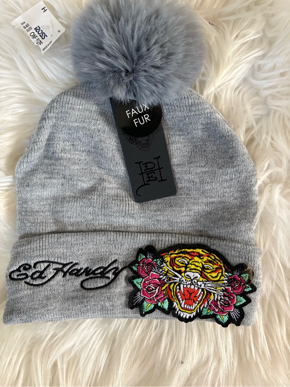NWT Ed Hardy Kids Grey Pom Beanie with Tiger Patch